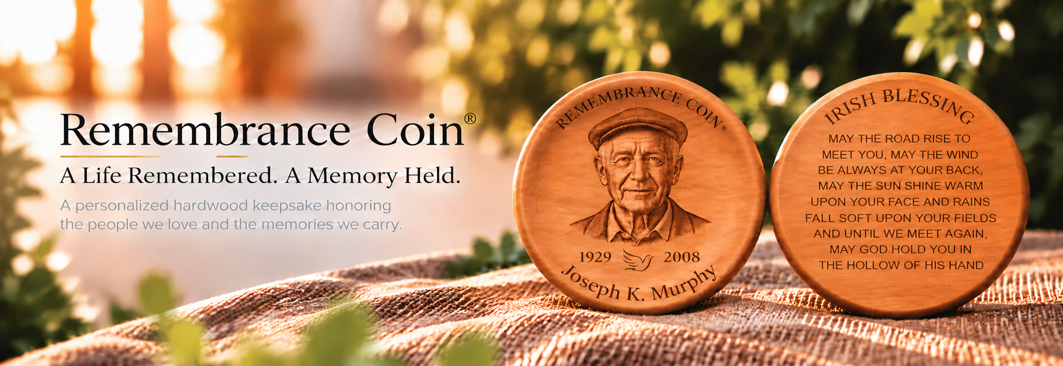 Remembrance Coin memorial keepsakes featuring Joseph K. Murphy and an Irish Blessing