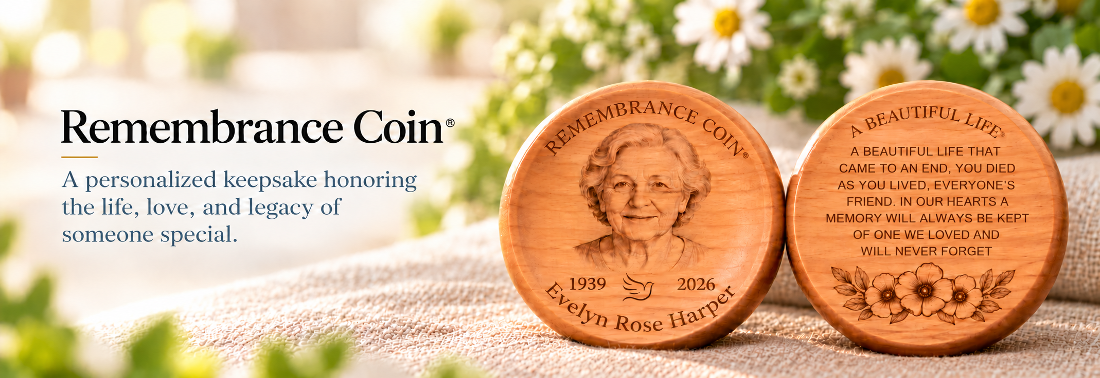 Remembrance Coin® personalized keepsake honoring the life, love, and legacy of someone special. Evelyn Rose Harper portrait memorial coin and A Beautiful Life back.