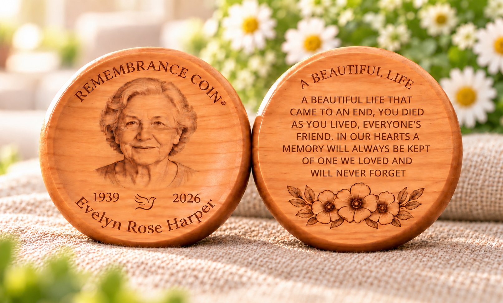 Evelyn Rose Harper memorial coin and A Beautiful Life back, photographed on neutral linen with white daisies