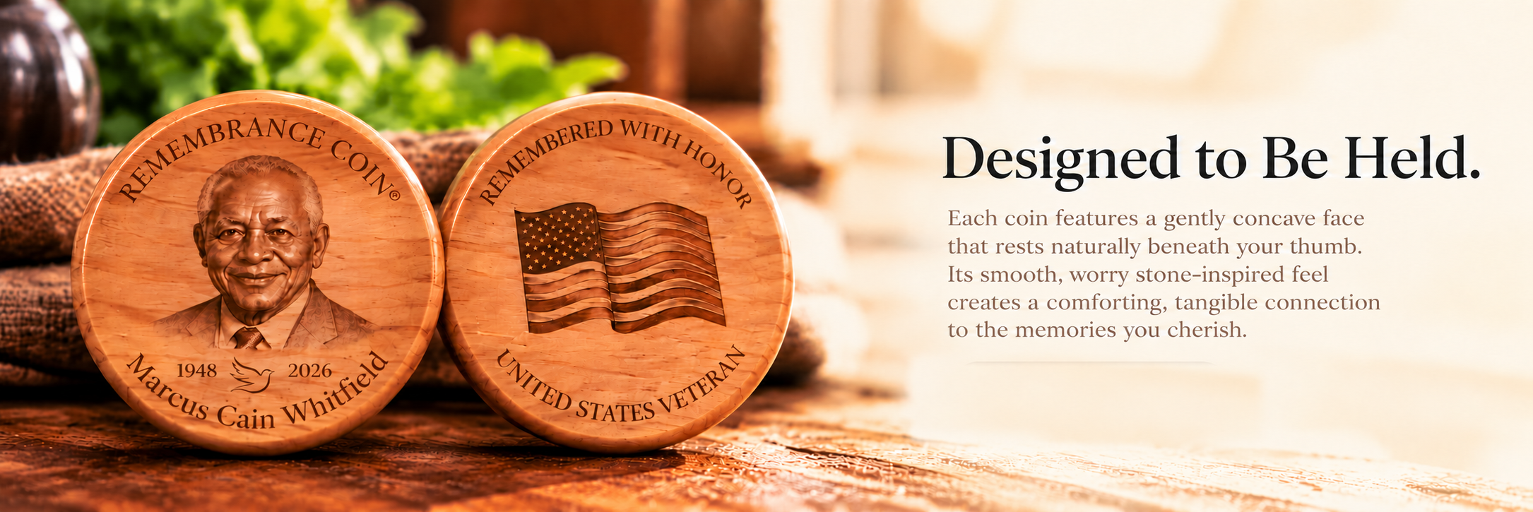 A Distinctive Touch. Designed to Be Held. Each coin features a gently concave face that rests naturally beneath your thumb. Its smooth, worry stone-inspired feel creates a comforting, tangible connection to the memories you cherish. Marcus Cain Whitfield portrait front and flat Veteran back.