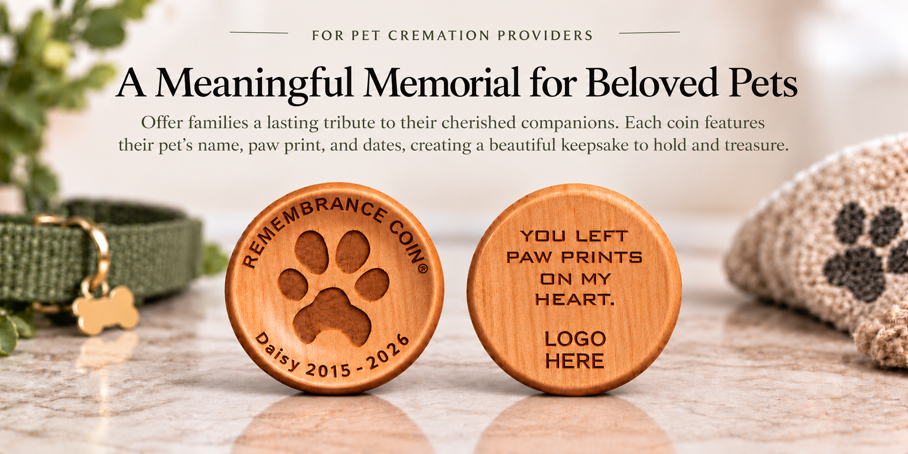 Pet cremation memorial coins with pet paw print, name, dates, and branded message option