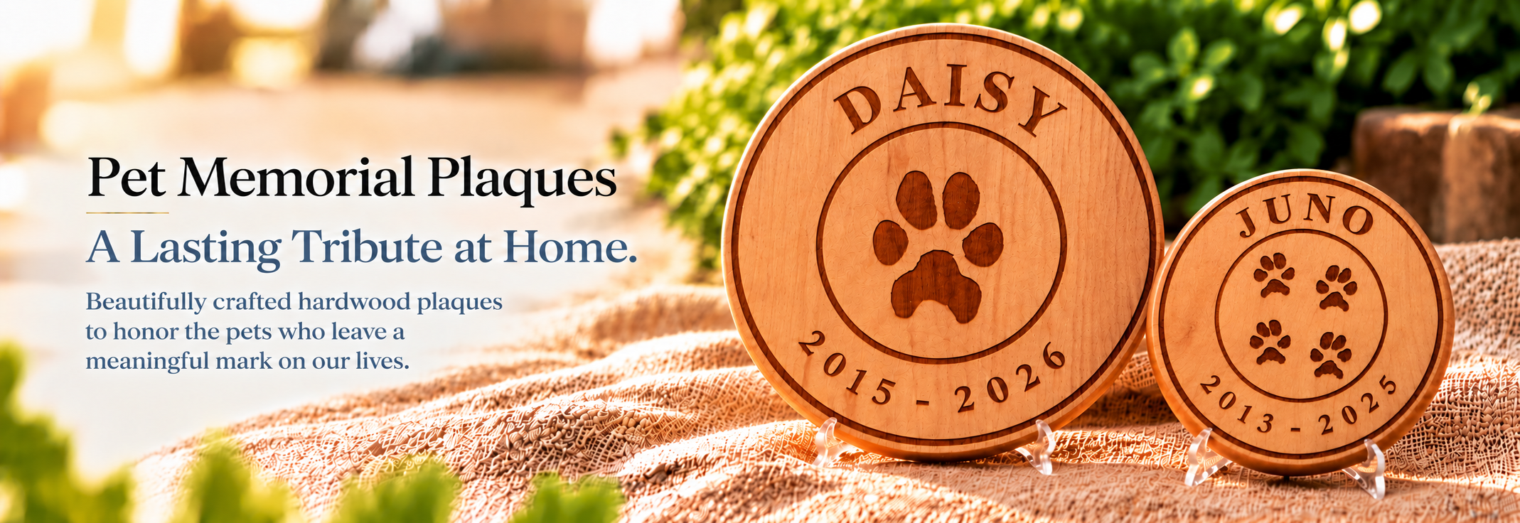 Pet Memorial Plaques — A Lasting Tribute at Home. Large Daisy and smaller Juno round hardwood memorial plaques.