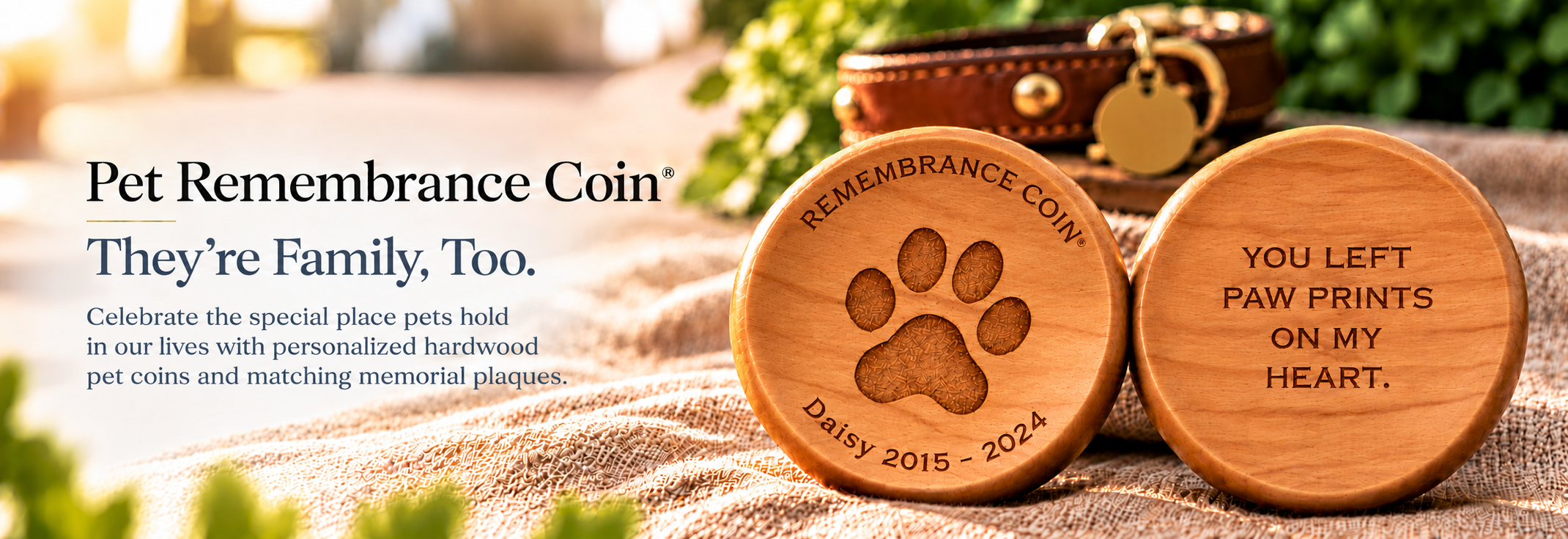 Pet Remembrance Coin — They’re Family, Too. Personalized hardwood pet memorial coins with Daisy paw-print design and remembrance message.